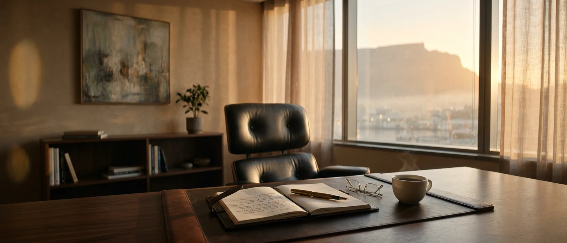 A quiet executive office in Cape Town with morning light across a desk and notebook