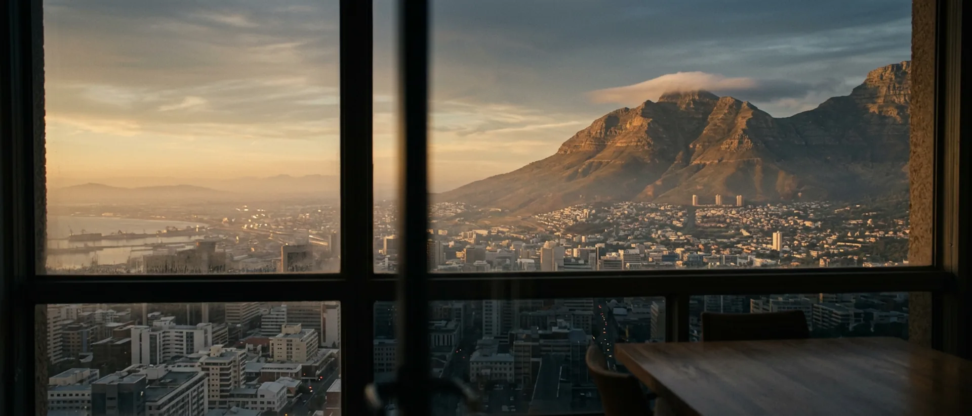 Cape Town city skyline and Table Mountain seen from a high office floor at golden hour