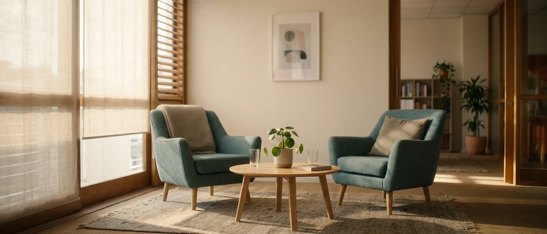 A warm, quiet meeting corner with two chairs and a low table in soft Cape Town light